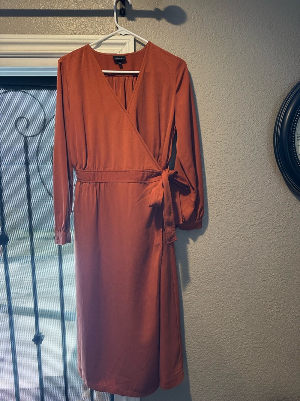 Who What Wear Rust-Orange Wrap Midi Dress with Tie Waist shirt wrap dress